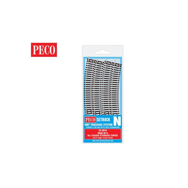 Peco ST-3016 - Courbe standard , 3ème rayon (paquet de 8) - Setrack code 80