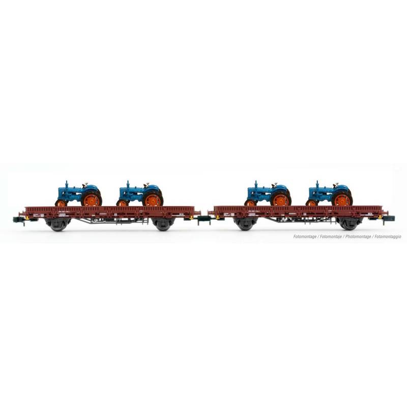 ARNOLDE HN6487 - set de 2 wagons plate-forme à 2 essieux Rmms, livrée brune, chargés de tracteurs "Hanomag", ép. III-IV