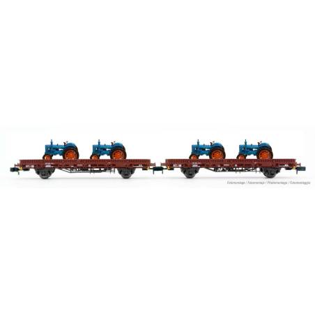 ARNOLDE HN6487 - set de 2 wagons plate-forme à 2 essieux Rmms, livrée brune, chargés de tracteurs "Hanomag", ép. III-IV