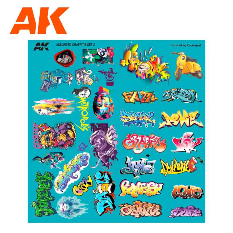 AK Interactive AK9091 -  Assortiment de décalques Graffiti 1/32 - 1/35 - 1/72