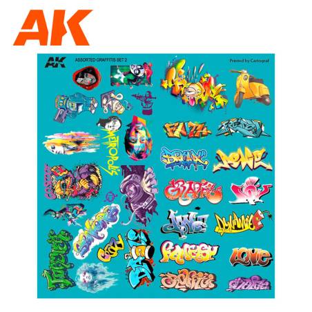 AK Interactive AK9091 -  Assortiment de décalques Graffiti 1/32 - 1/35 - 1/72