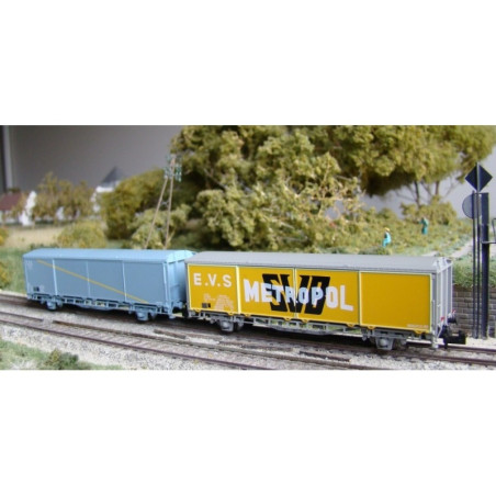 TR160_16034 - 2 wagons EVS Hbis de la SNCF à parois planes et toit bas - Jaune et gris "METROPOL" / gris - Ép. IV