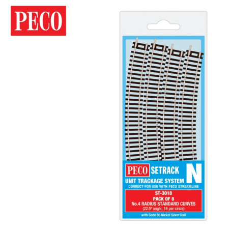 Peco ST-3018 - N - Setrack code 80 - 8 courbes 22,5° (16 pour un cercle)